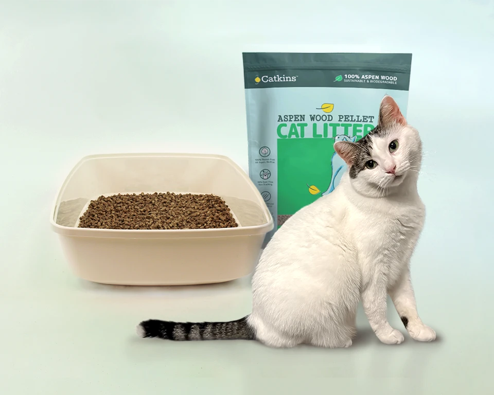 Catkins Aspen Wood Pellet cat litter with a happy white cat